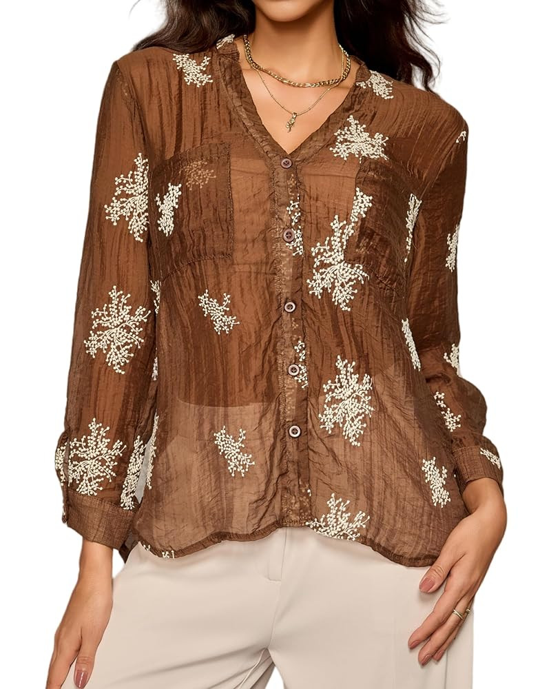 Women's Long Sleeve Sheer Floral Embroidered See Through Button Down Blouse Lightweight Boho V Ne... | Amazon (US)