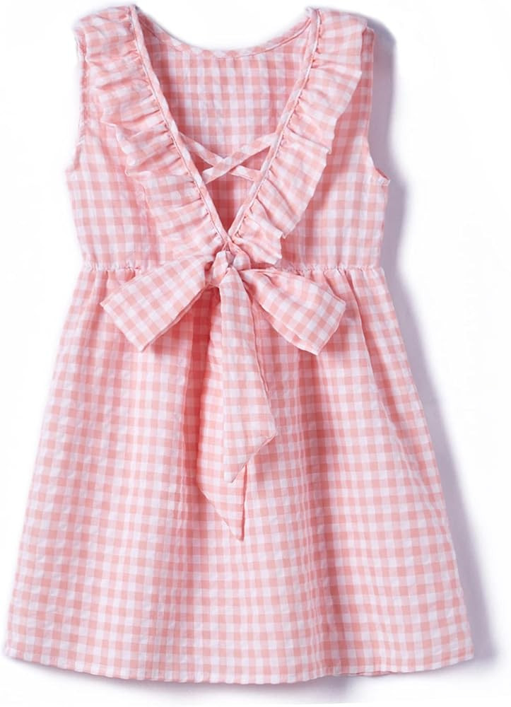 Rysly Toddler Baby Girls Cotton Linen Plaid Dress with Ruffle Back Straps and Bow Kids Casual Dre... | Amazon (US)