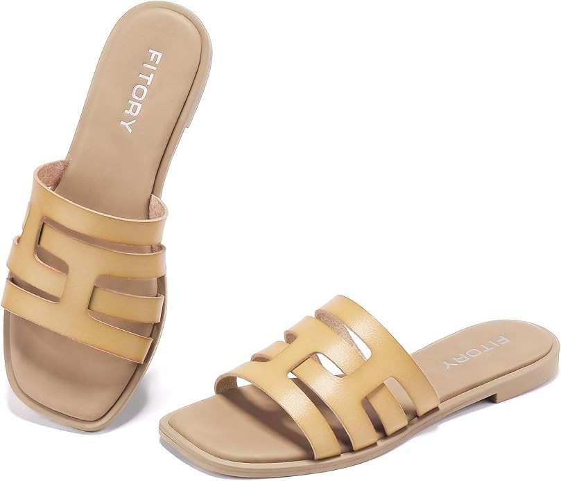 FITORY Women's Flat Sandals Fashion Square Open Toe Slip-On Summer Casual Slippers Size 6-11 | Amazon (US)