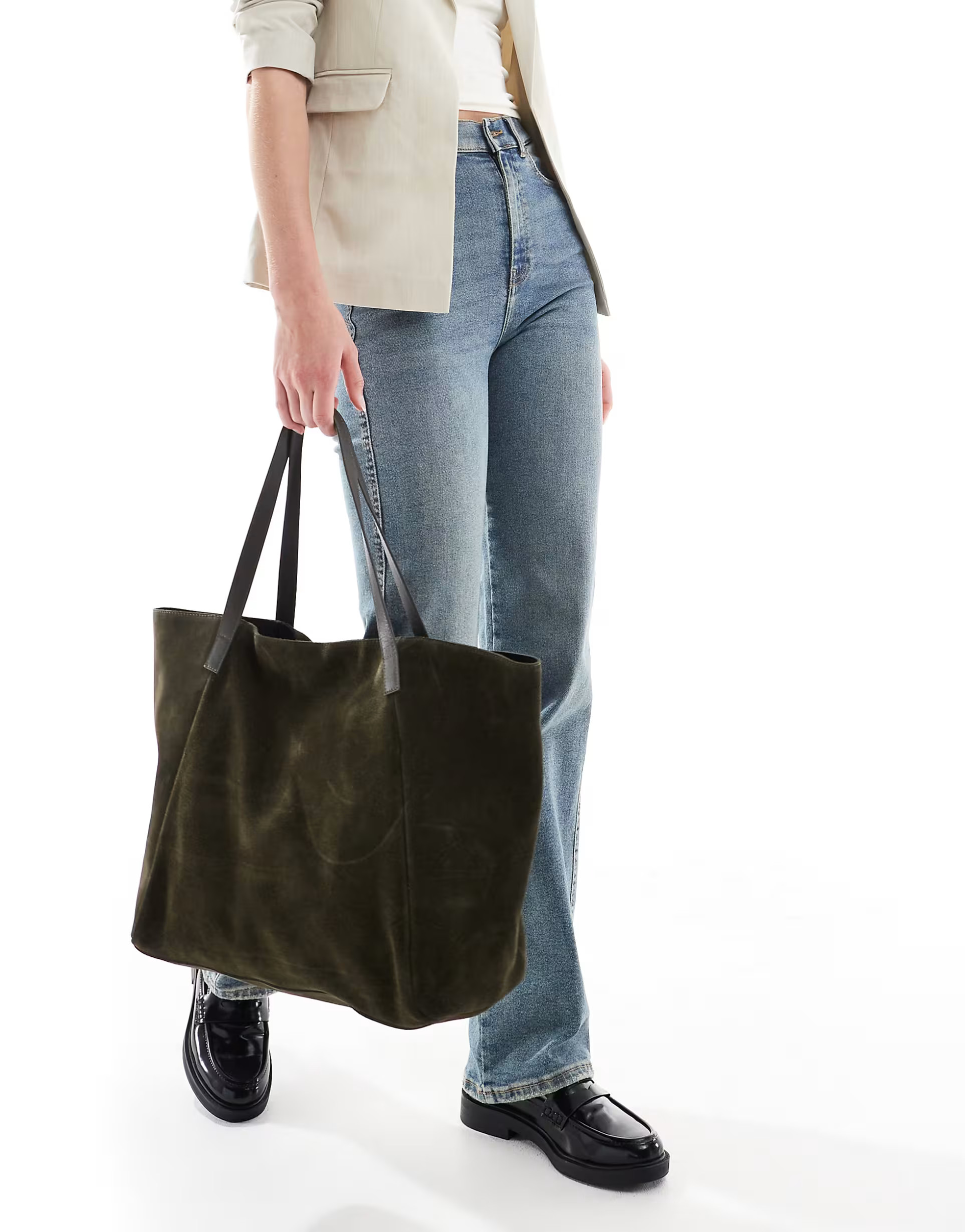 ASOS DESIGN suede winged tote bag in forest green with leather straps | ASOS (Global)