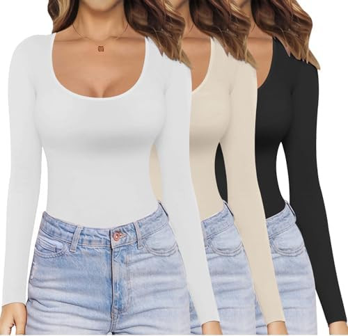 Ekouaer Womens 3 Pack Long Sleeve Shirts Scoop Neck Tops Stretch Fitted Undershirt Lightweight Ba... | Amazon (US)