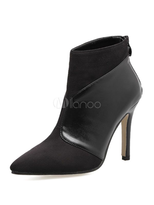 Black Ankle Boots High Heel Women's Pointed Toe Patchwork Winter Booties | Milanoo