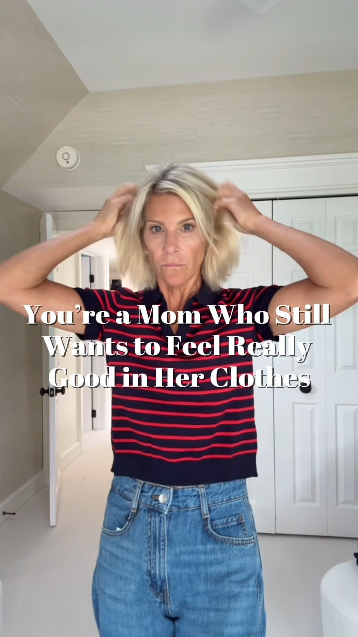 You’re a mom who still wants to feel really good in her clothes without trying to dress like her daughter. A striped polo, great wide-leg jeans, and a simple navy bag — easy, current, and completely wearable for real life. 

 #LTKdayinmylife #LTKgrwm #LTKootd