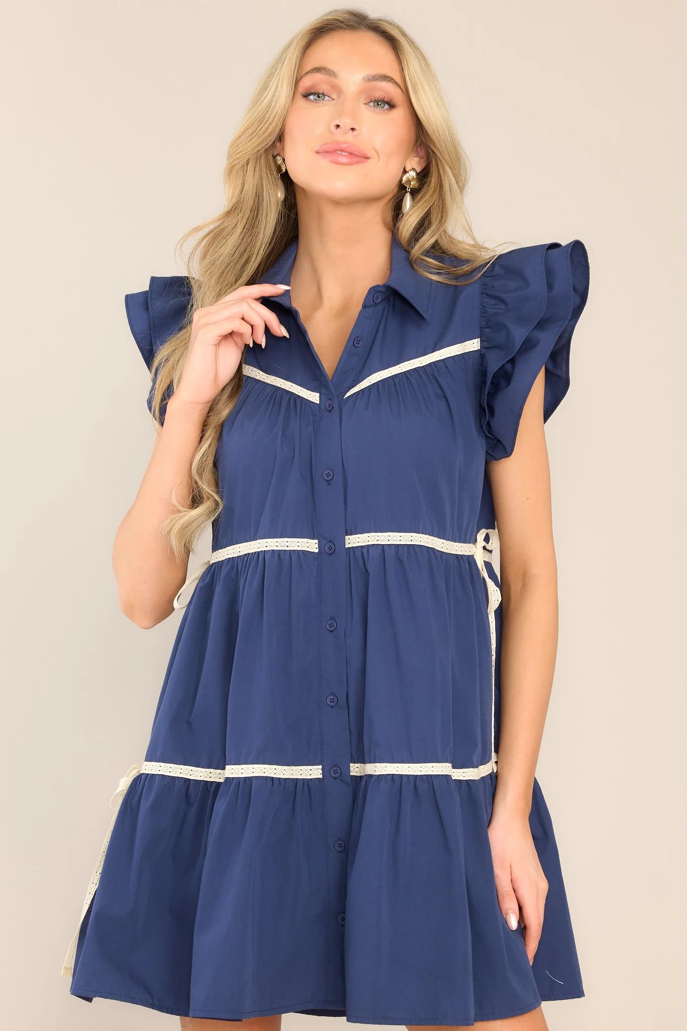Celebrate Life Navy Tiered Button Front Mini Dress | Red Dress