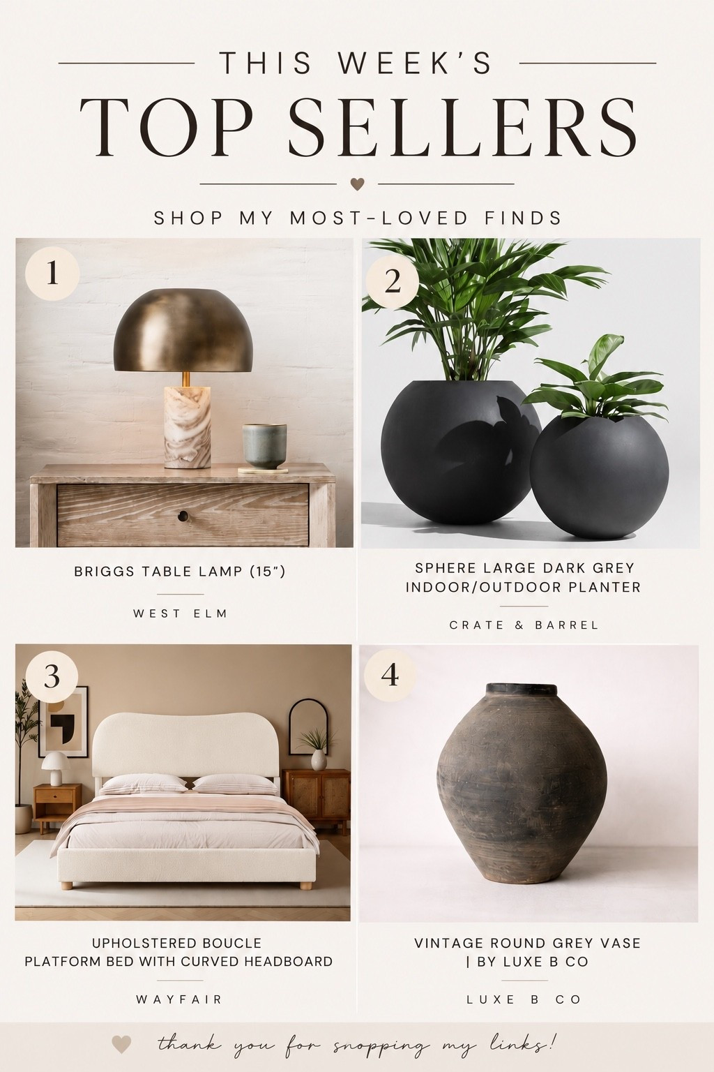 This Week’s Top Sellers

These are the home finds everyone has been loving lately—and for good reason. From designer-inspired lighting and statement planters to a beautiful upholstered bed and my favorite vintage-style vase, these are the pieces you’ve been shopping the most. If you’ve been updating your home with a cozy, modern rustic look, these best sellers are a great place to start. Shop all of this week’s top sellers below before they’re gone.

#LTKHome #LTKSaleAlert #LTKSeasonal