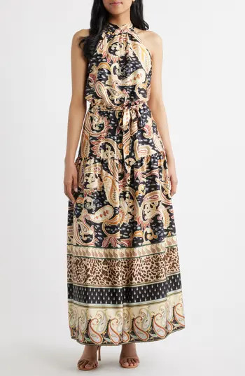 Julia Jordan Paisley Print Stretch Satin Maxi Dress in Black Multi at Nordstrom Rack, Size 10 | Nordstrom Rack