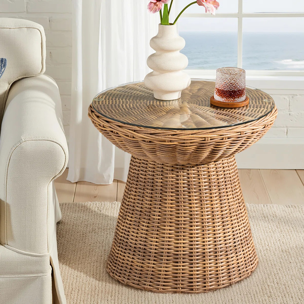 Anesty Adella 20.75"Tall Coastal Faux Rattan Frame with Glass Top End Table | Wayfair North America