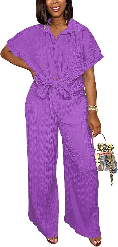 Casual Two Piece Set for Women - Button Down Shirt and Wide Leg Pants Matching Set Tracksuits | Amazon (US)