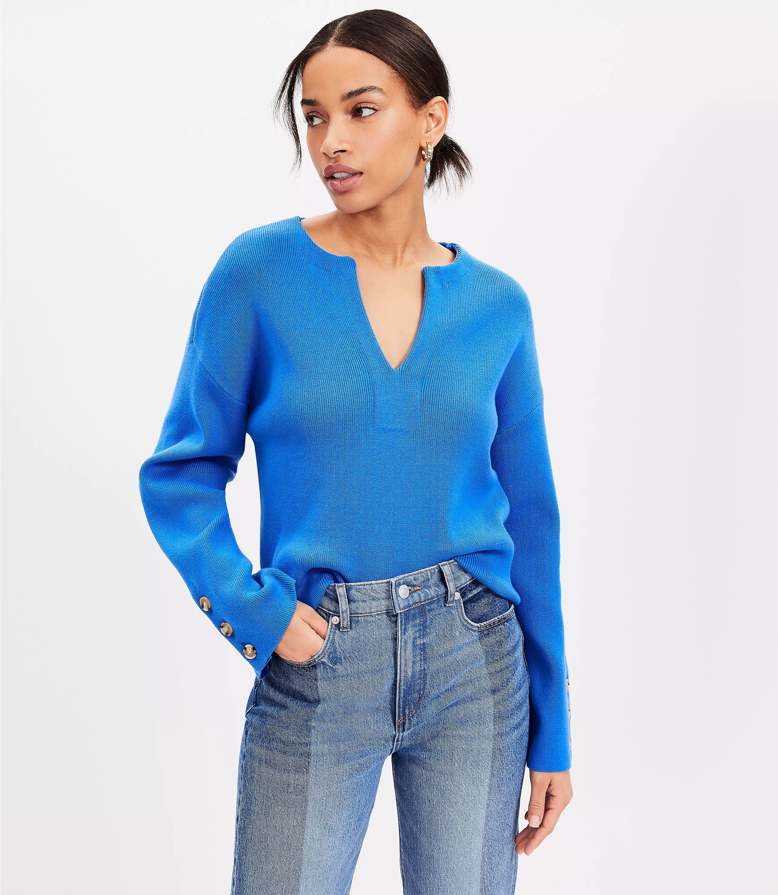 Button Sleeve Split Neck Sweater | LOFT