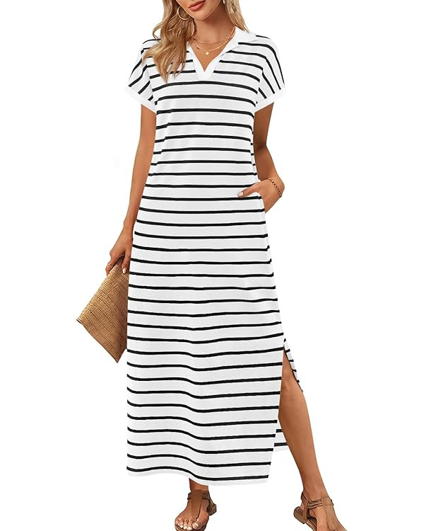MEROKEETY Women's Summer Striped Short Sleeve Dress V Neck Collared Side Slit Casual Beach Maxi D... | Amazon (US)
