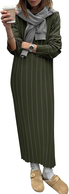 Yousify Womens 2025 Trendy Spring Long Sleeve Sweater Dresses Casual Round Neck Split Hem Striped... | Amazon (US)