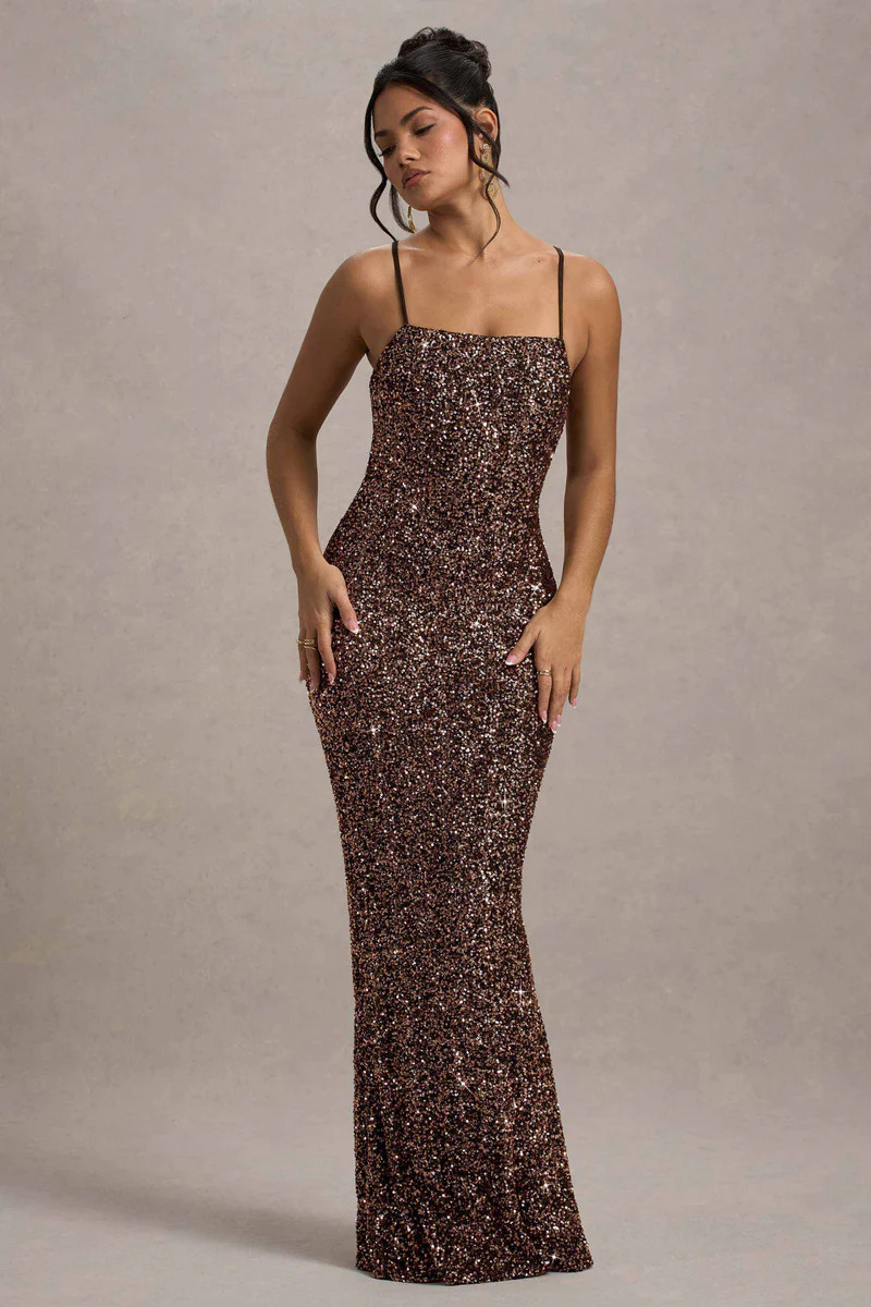 Cosmic  Bronze Sequin Square-Neck Strappy Maxi Dress | Club L London