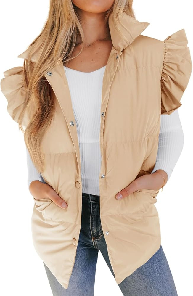 Gihuo Women's Ruffle Sleeve Puffer Vest Winter Padded Vests Outerwear Button Down Sleeveless Quil... | Amazon (US)