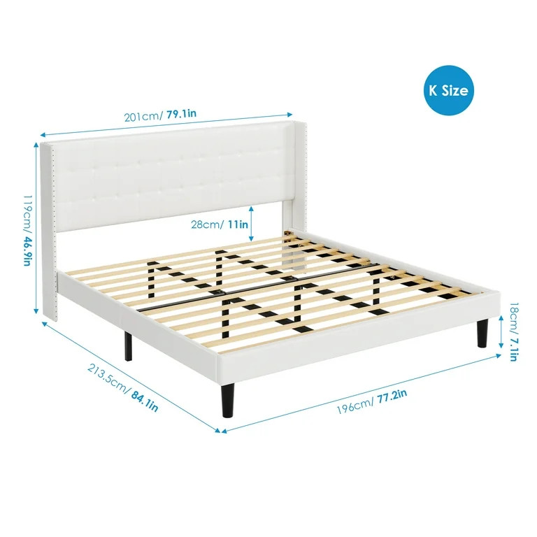 Homfa King Bed Frame, Modern Bed Frame with Wing-Back PU Leather Upholstered Headboard, Wood Slat... | Walmart (US)