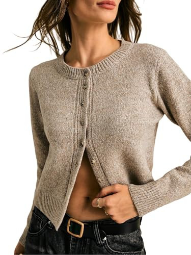 SISKIN Fall Cardigan Sweaters for Women, Long Sleeve Cropped Button Up Crew Neck Casual Knit Sweaters Khaki M | Amazon (US)
