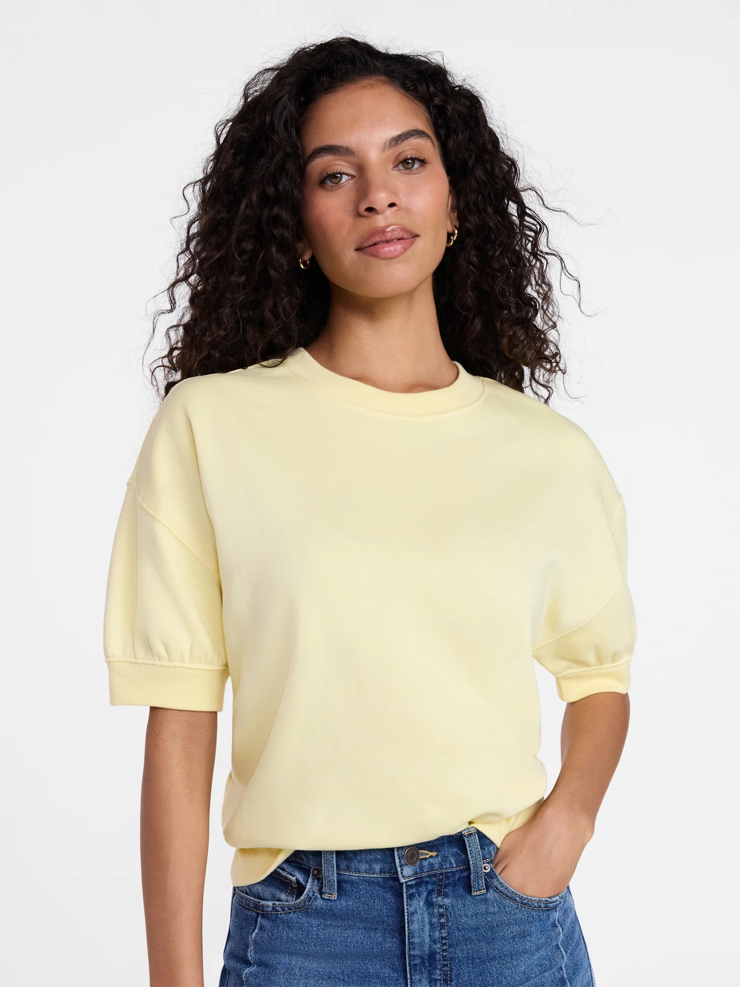 Time and Tru Women's Fleece Sweatshirt with Short Puff Sleeves, Sizes XS-4X | Walmart (US)