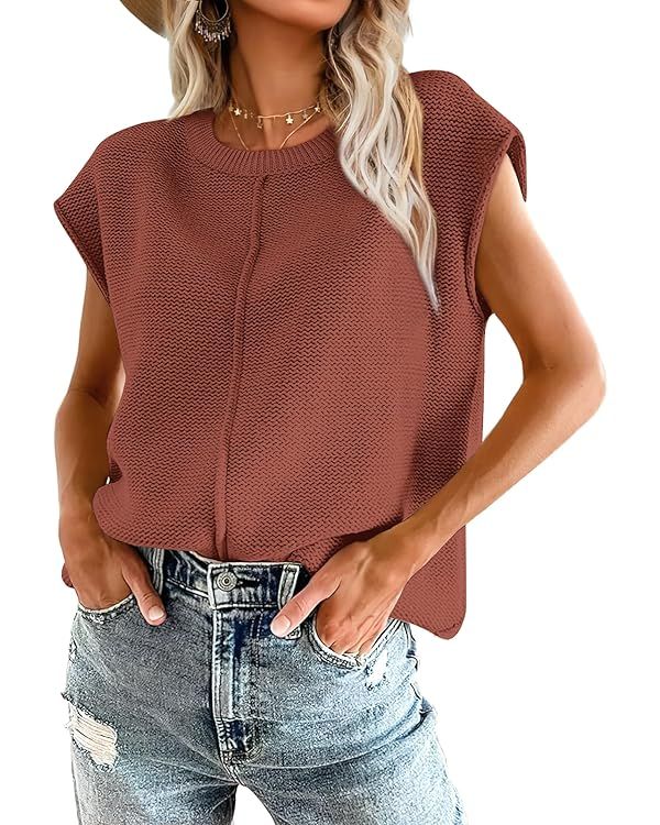 OFEEFAN Sweater Vest for Women Cap Sleeve Tops Knit Lightweight Sweaters XS-XL | Amazon (US)