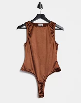 ASOS DESIGN Hourglass racer tank bodysuit in satin stretch in brown | ASOS (Global)