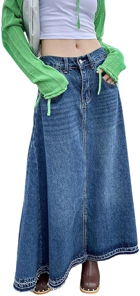 CHARTOU Women's Back Elastic High Waist A-Line Maxi Long Denim Jean Skirt | Amazon (US)