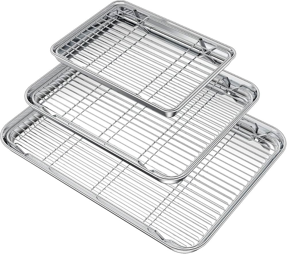 Wildone Baking Sheet with Rack Set (3 Pans + 3 Racks), Stainless Steel Baking Pan Cookie Sheet wi... | Amazon (US)
