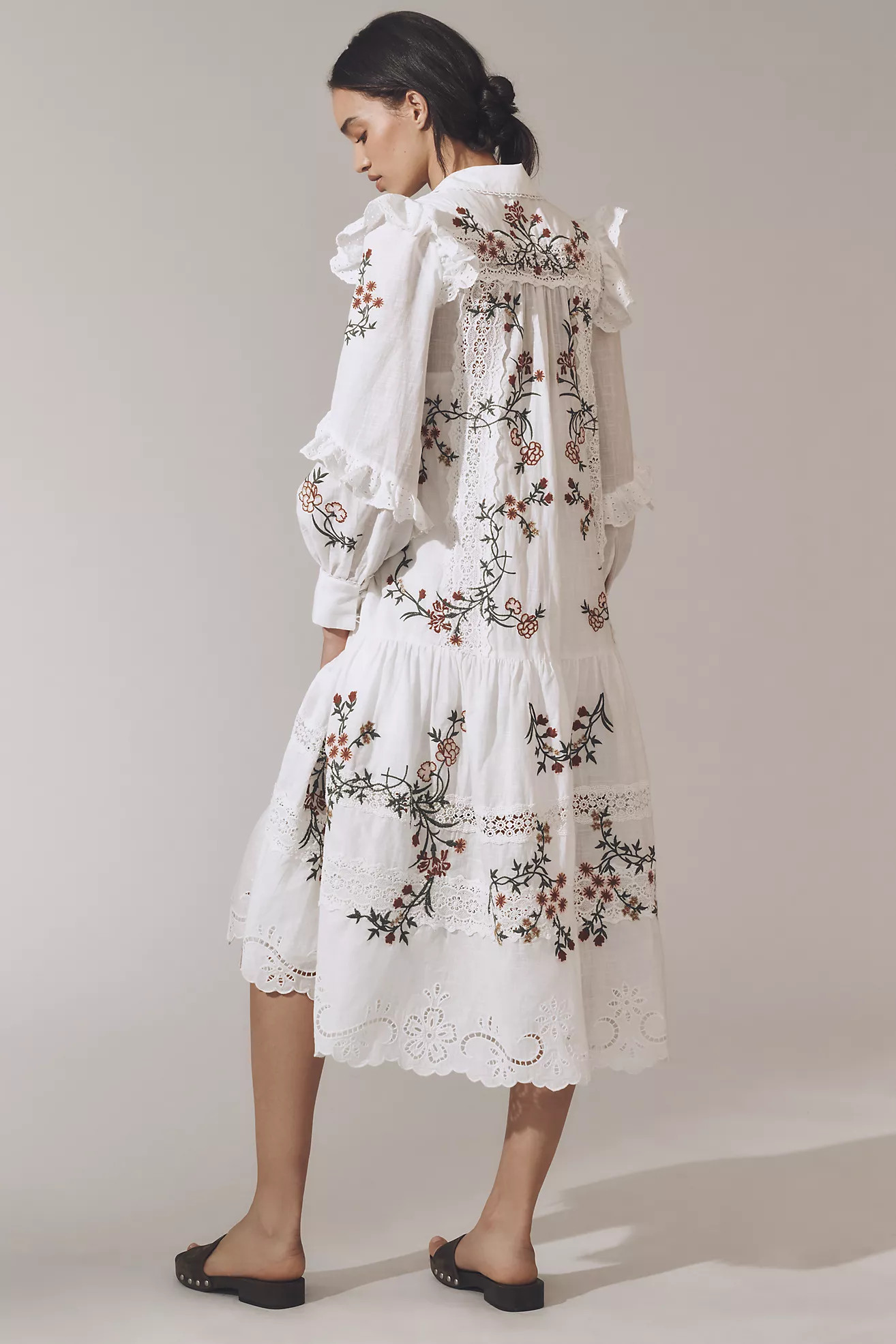 By Anthropologie Long-Sleeve V-Neck Eyelet Midi Dress | Anthropologie (US)