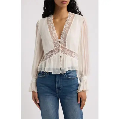 LoveShackFancy Thessira Lace Trim Ruffle Silk Top in Pale Stone at Nordstrom, Size Medium | Nordstrom