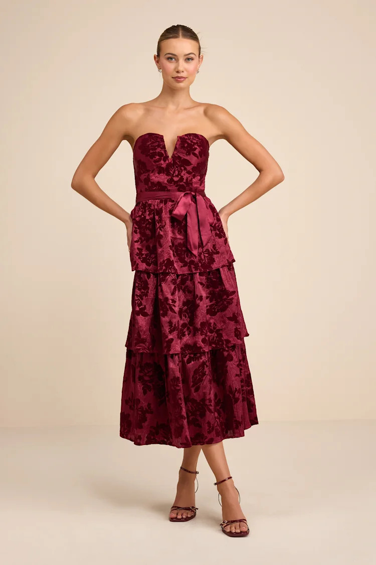 Dorina Burgundy Shadow Print Strapless Tiered Midi Dress | Lulus