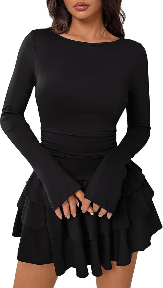Caracilia Women's Fall Long Sleeve Bodycon Ruffle Mini Dress | Amazon (US)