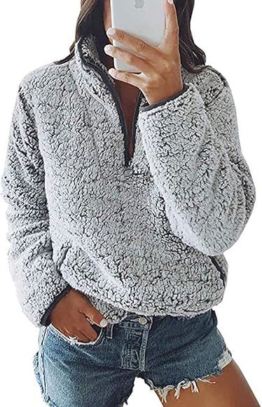 YAMTHR Womens Stand Collar Half Zipper Fuzzy Fleece Sherpa Pullover Sweatshirt Winter Outwear wit... | Amazon (CA)
