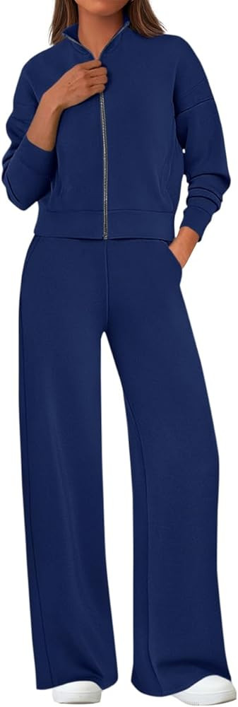 PRETTYGARDEN Women's 2 Piece Outfits Fall Sweatsuits Zip Up Sweatshirt Wide Leg Sweatpants Casual... | Amazon (US)