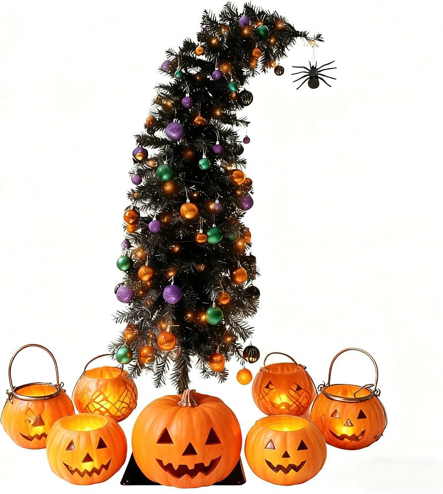 5ft Prelit Black Halloween Nightmare Before Christmas Tree with 100 Orange Led Lights,Tinsel Ligh... | Amazon (US)