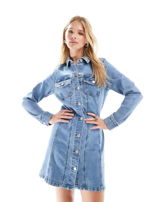 ASOS DESIGN denim fitted shirt mini dress in mid blue | ASOS (Global)
