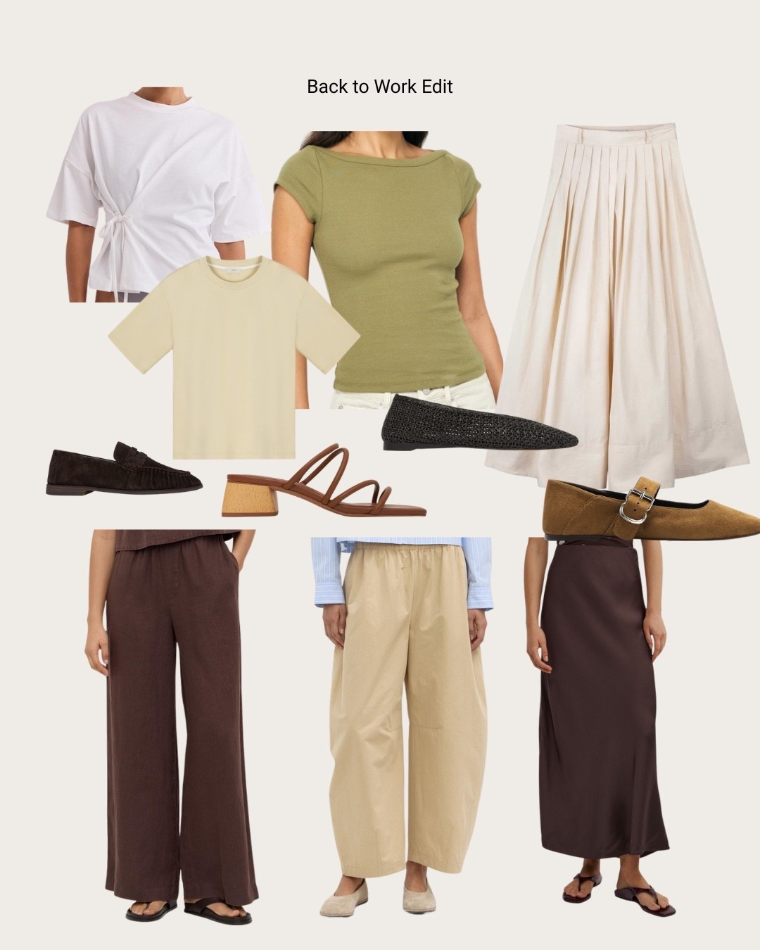 A few ideas for back to work

Ida+s cream skirt and shirt
Khaki shirt
Lola barrel leg pants
Chocolate slip skirt
Linen pants
Flats
Loafers 

#LTKworkwear #LTKaustralia #LTKsummer