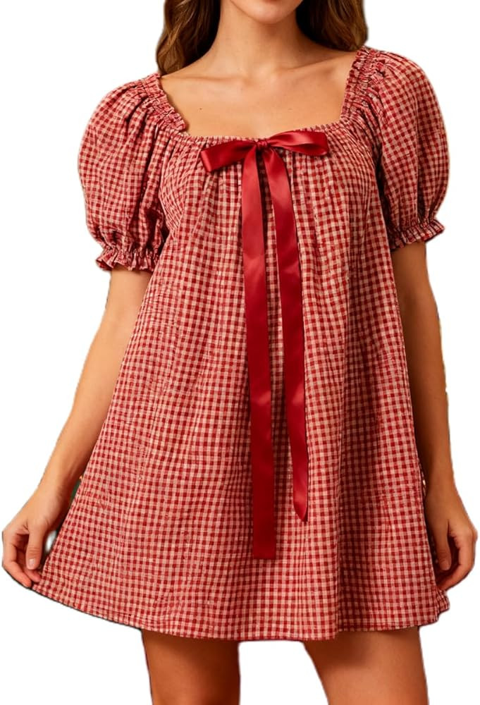 SOLILOQUY Women Gingham Mini Dress Christmas Bow Tie Front Square Neck Short Puff Sleeve Babydoll... | Amazon (US)