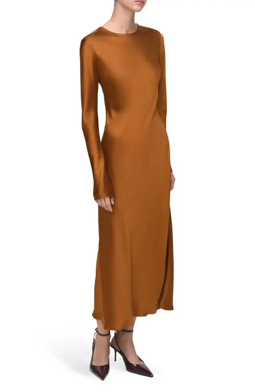 MANGO Long Sleeve Satin Midi Dress in Ochre at Nordstrom, Size 2 | Nordstrom