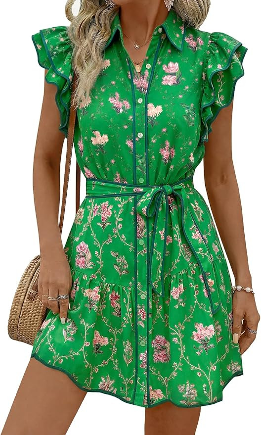 Wenrine Womens Summer Button Down Shirt Dress Casual Collar V Neck Floral Ruffle Sleeve Boho Beac... | Amazon (US)