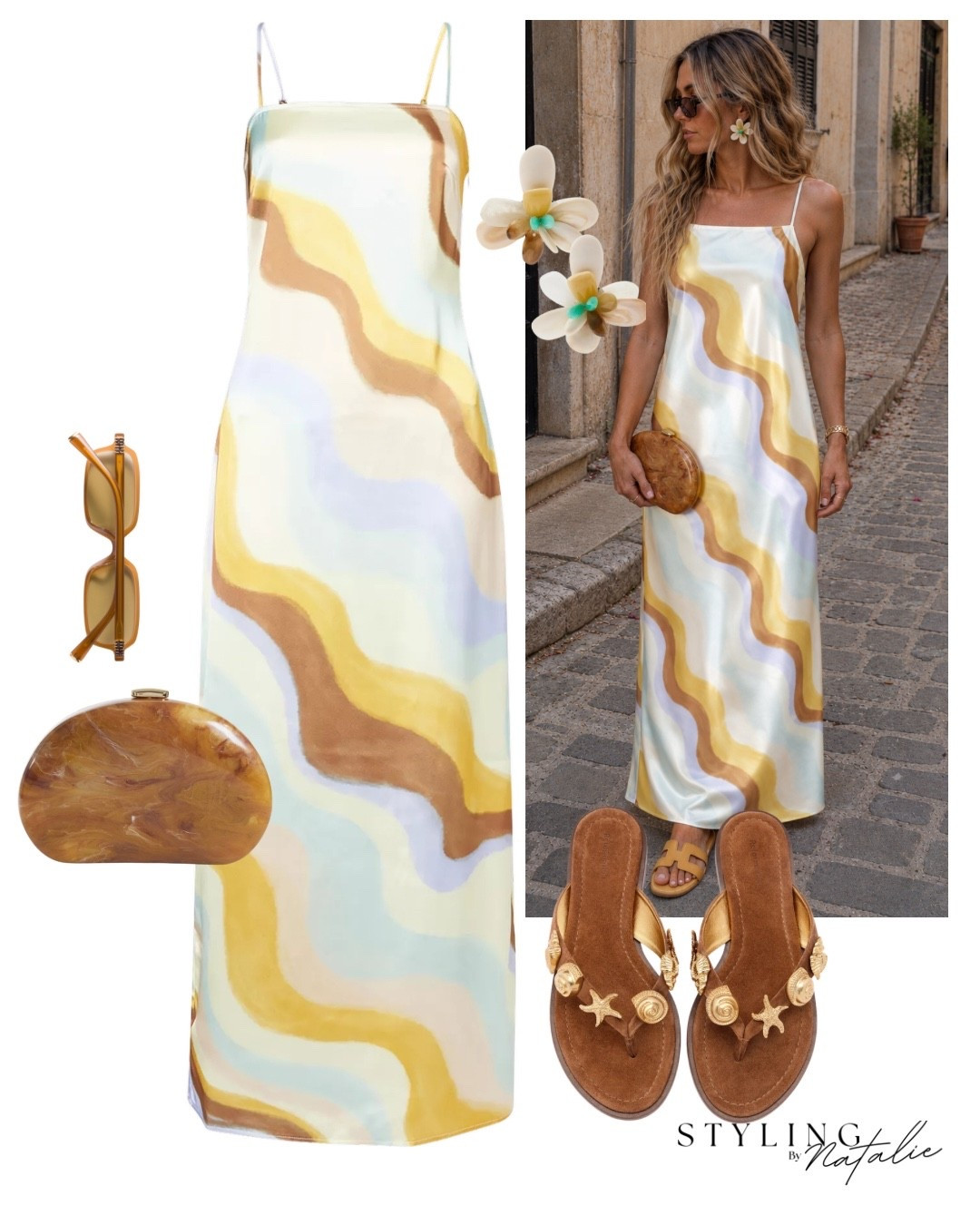 Abstract satin maxi dress, suede charm sandals, clutch bag, flower earrings and Miu Miu sunglasses. 
🏷️ stripes, summer dress, summer outfit, holiday outfit, pucci style, 4th and reckless, date night outfit

#LTKsummer #LTKeurope #LTKdresses