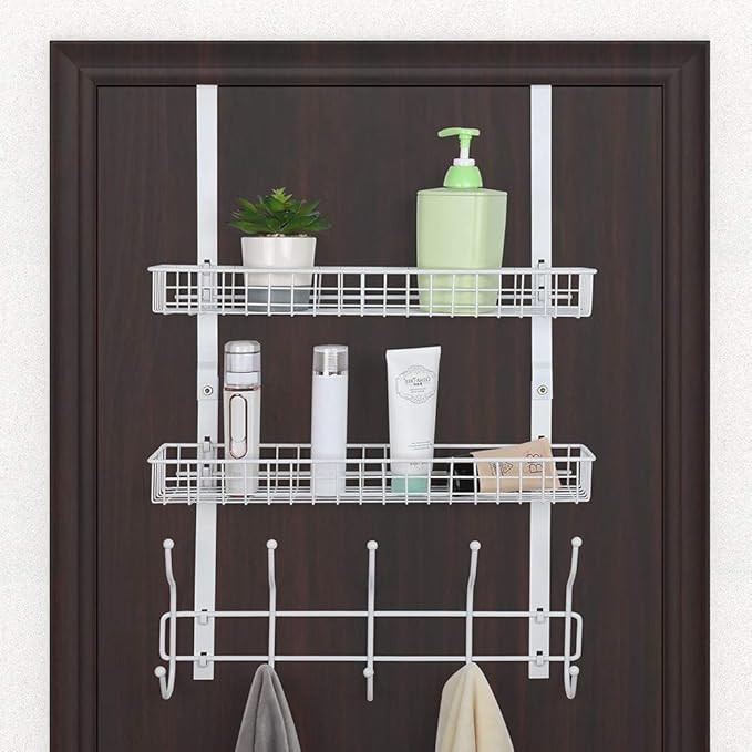 Over The Door Hooks Shelf Organizer Hanger Towel Rack with 2 Mesh Basket 5 Hooks Storage Rack Spi... | Amazon (US)