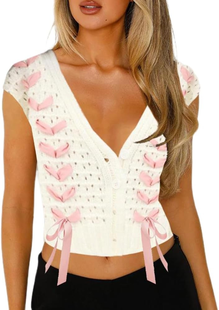 Women Sexy Knit Vest 2024 Summer Y2k Crochet Vest E-Girl Tie Up Front Sleeveless Crop Tops Cute H... | Amazon (US)