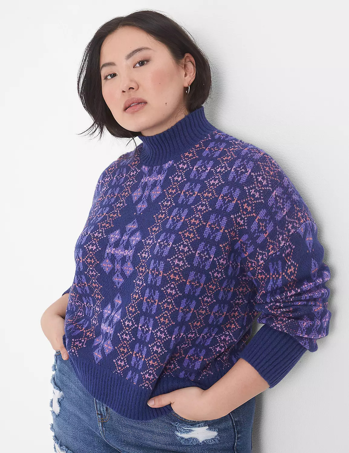 Classic Long-Sleeve Mock-Neck Jacquard Pullover | LaneBryant | Lane Bryant (US)