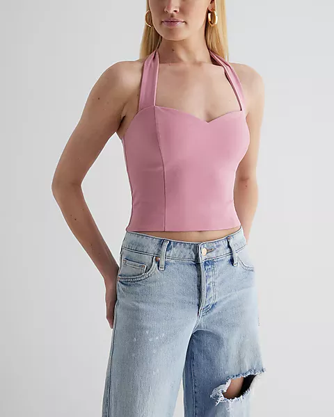 Body Contour Textured Sweetheart Halter Cropped Tank