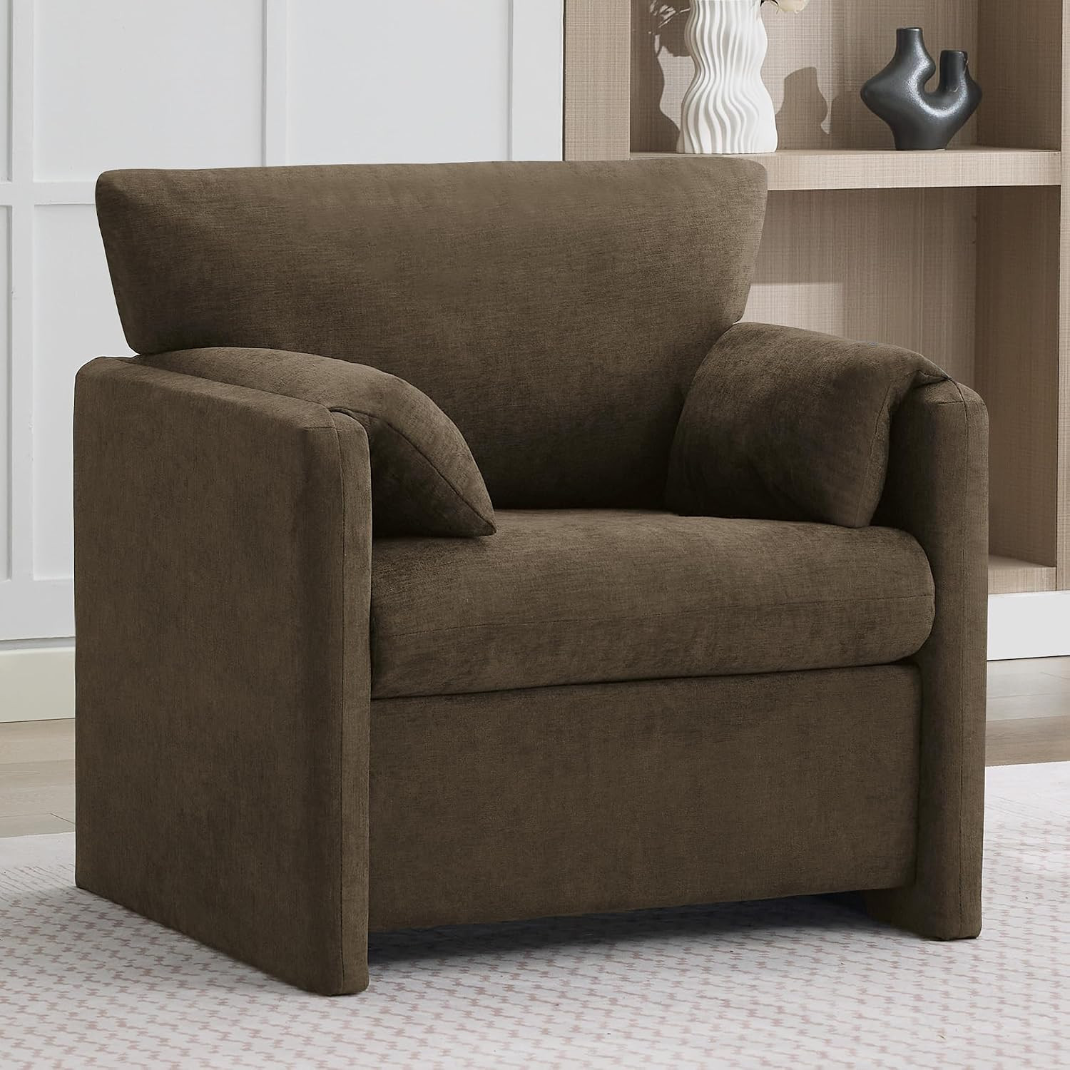 Oversized Accent Chair for Living Room, Large Modern Armchair with Deep Seat, Mid-Century Comfy Reading Chair with Padded Arms, Chenille Single Sofa Chairs for Bedroom, Dark Brown, Regular, 1PC | Amazon (US)