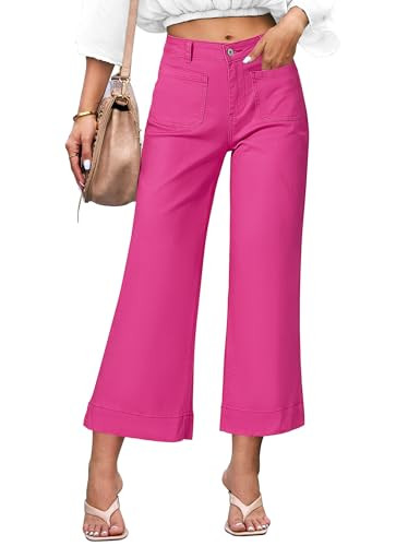 luvamia Wide Leg Jeans for Women Trendy High Waisted Flare Jeans Cropped Denim Pants Stretchy Baggy with Patch Pockets Womans Jeans Womens Flare Pants for Women High Waist Hot Pink Size 4 Size 6 | Amazon (US)
