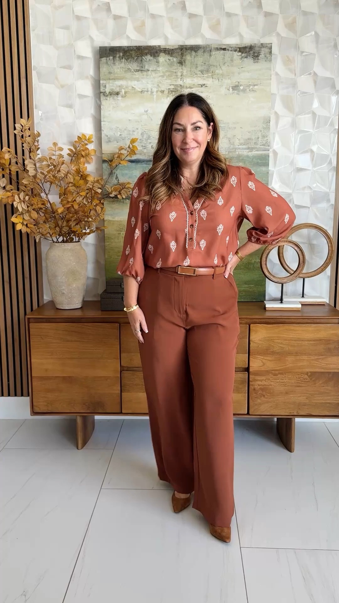 A monochromatic teacher outfit and business casual look in the prettiest fall color.

Sizing: Blouse tts, L | Pants tts, L

#LTKOver40 #LTKMidsize #LTKWorkwear