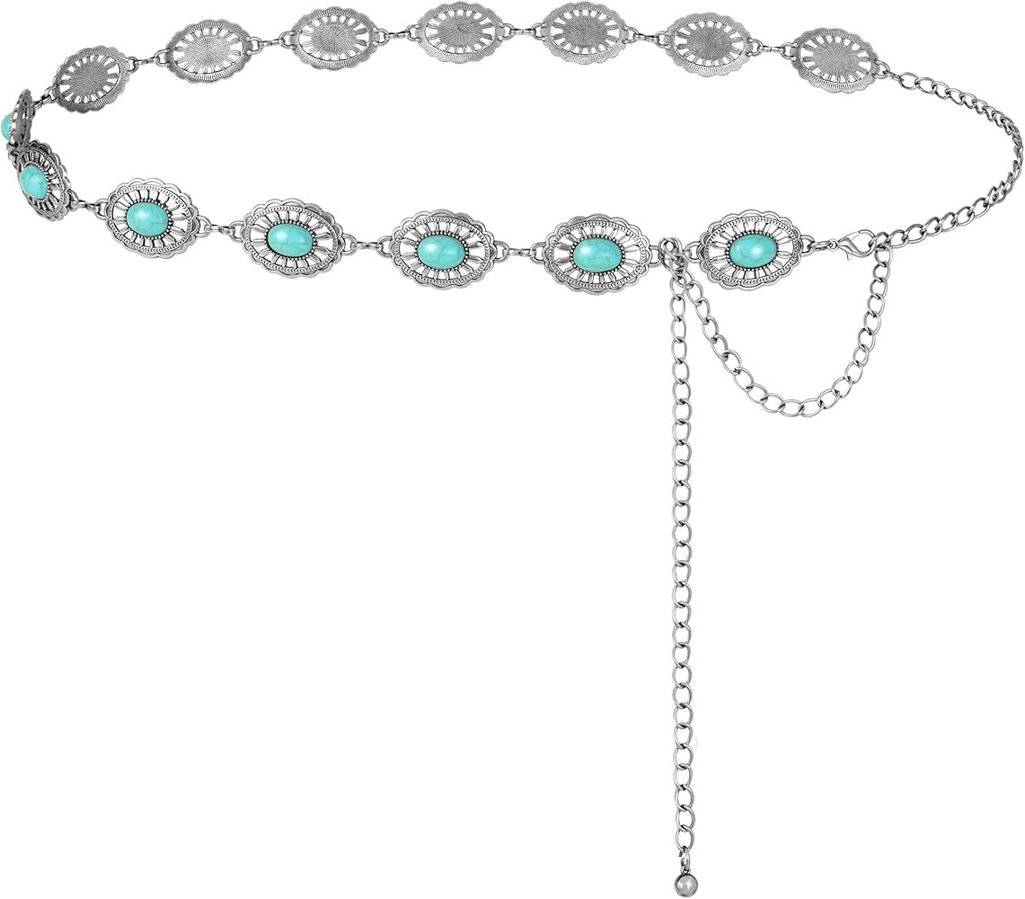 FIORETTO Metal Waist Chain Link Belt for Women Western Cowgirl Boho Turquoise Belts for Dress Jea... | Amazon (US)
