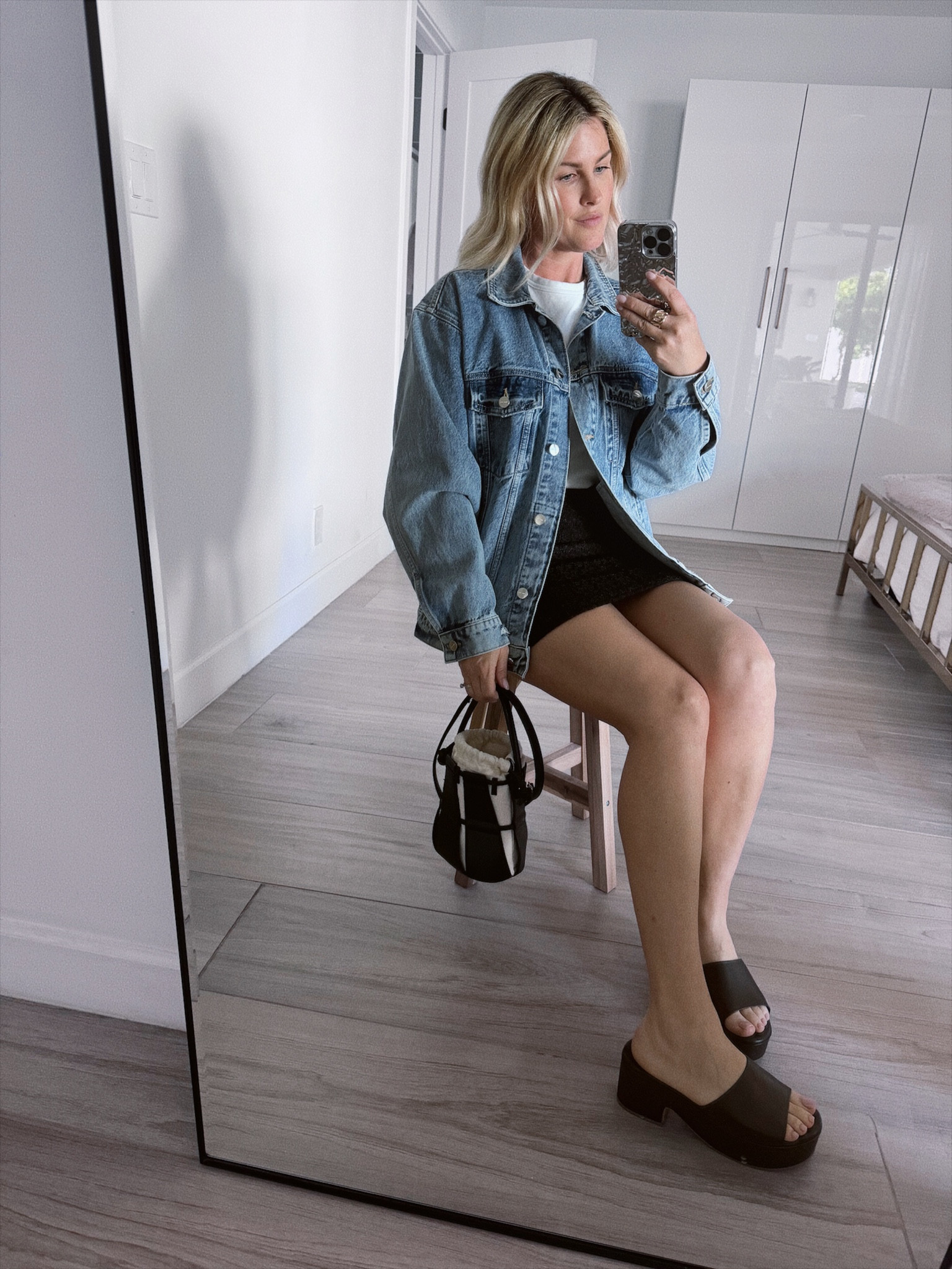 Spring favorites 🖤 Jacket is an oversized fit - wearing a small. 
 
Anine Bing, denim jacket, platforms, sandals, Beek by two Birds, Beek, minimal
style, staples 


#LTKover40 #LTKshoecrush