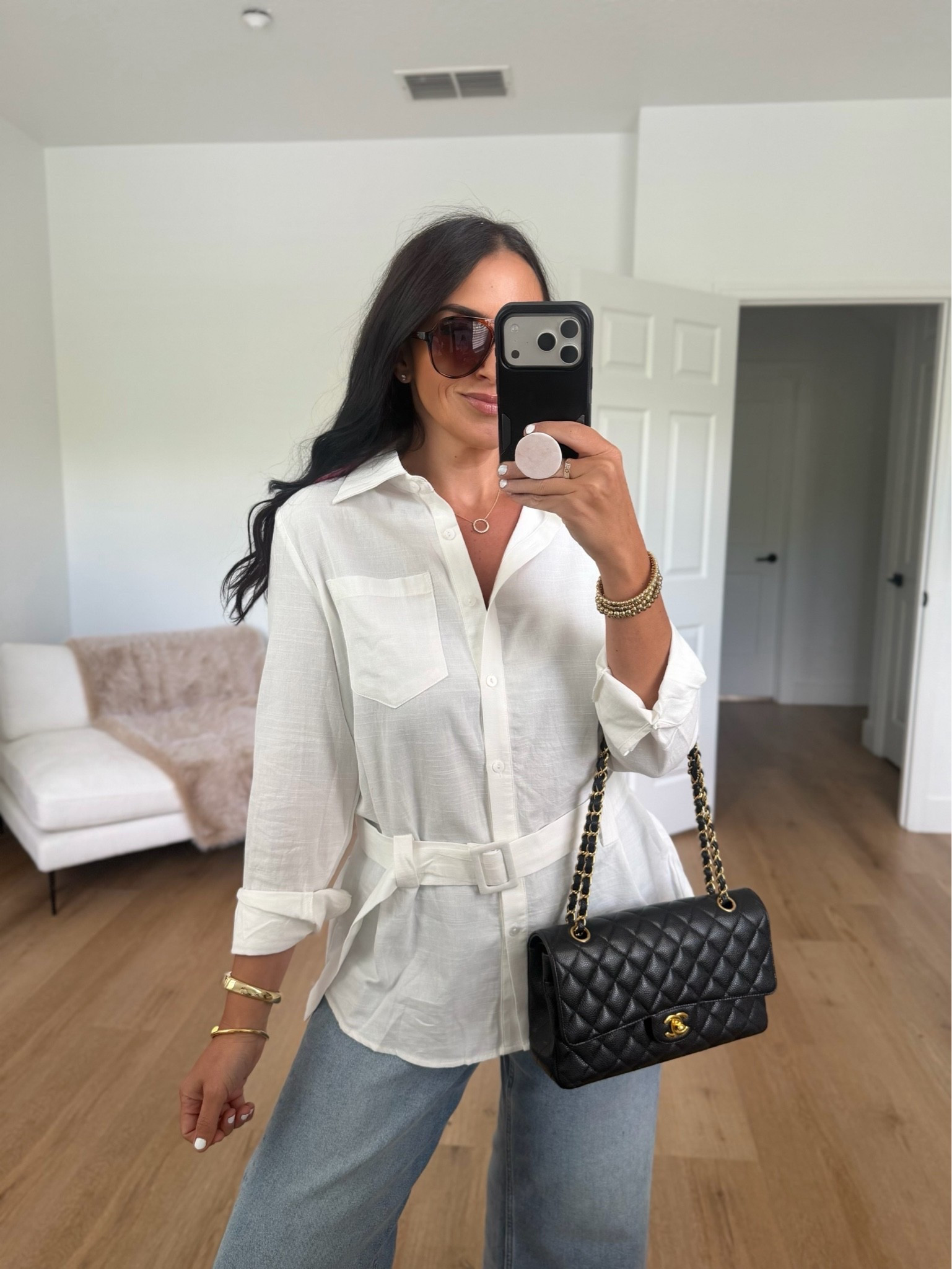 Linen-blend Longline Long Sleeve Shirt with Belt wearing size 4