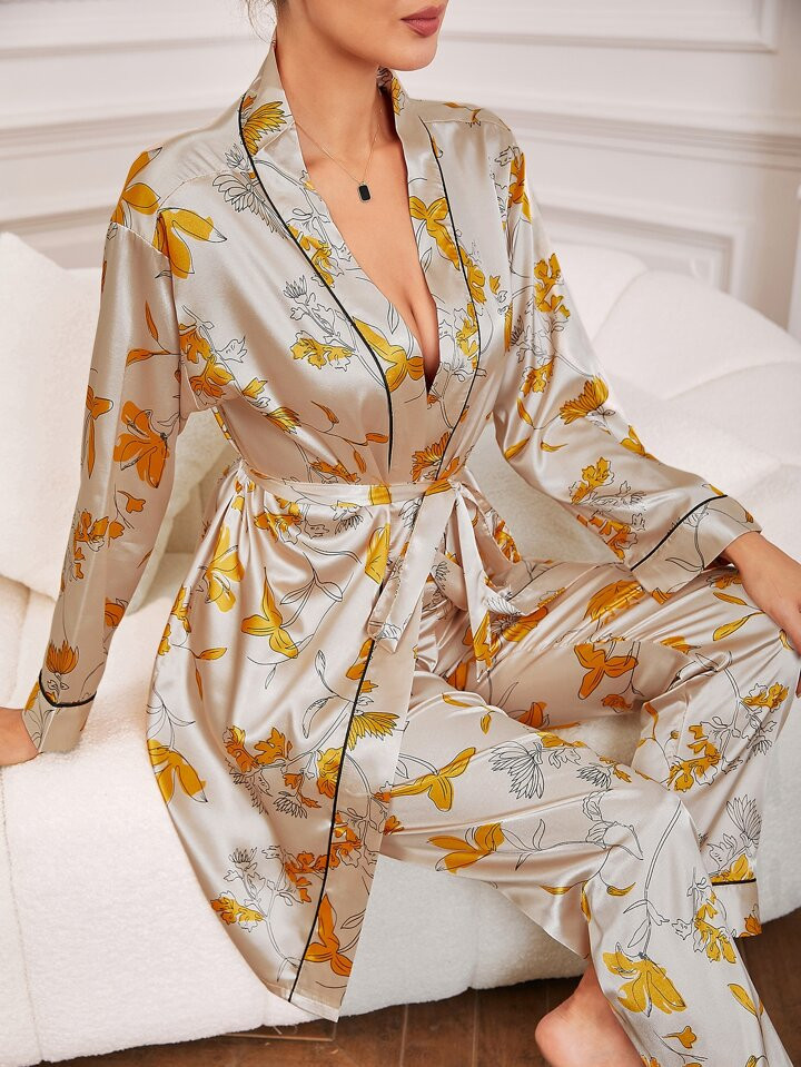 Floral Print Drop Shoulder Contrast Piping Belted Satin PJ Set | SHEIN