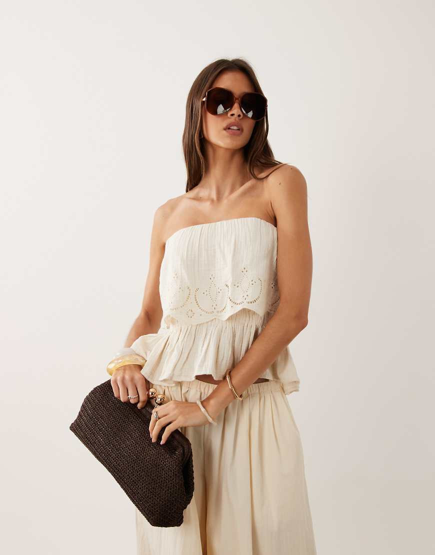 Mango 100% cotton off shoulder embroidered top in beige-Neutral | ASOS (Global)