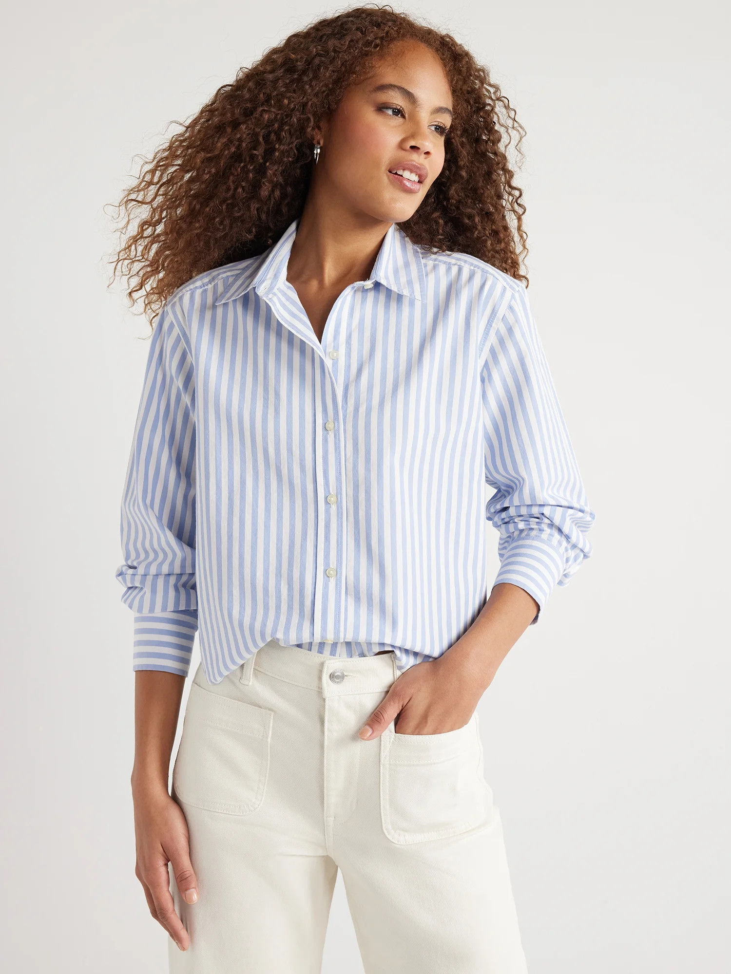 Free Assembly Women’s Cotton Cropped Button Down Shirt with Long Sleeves, Sizes XS-XXL - Walmar... | Walmart (US)